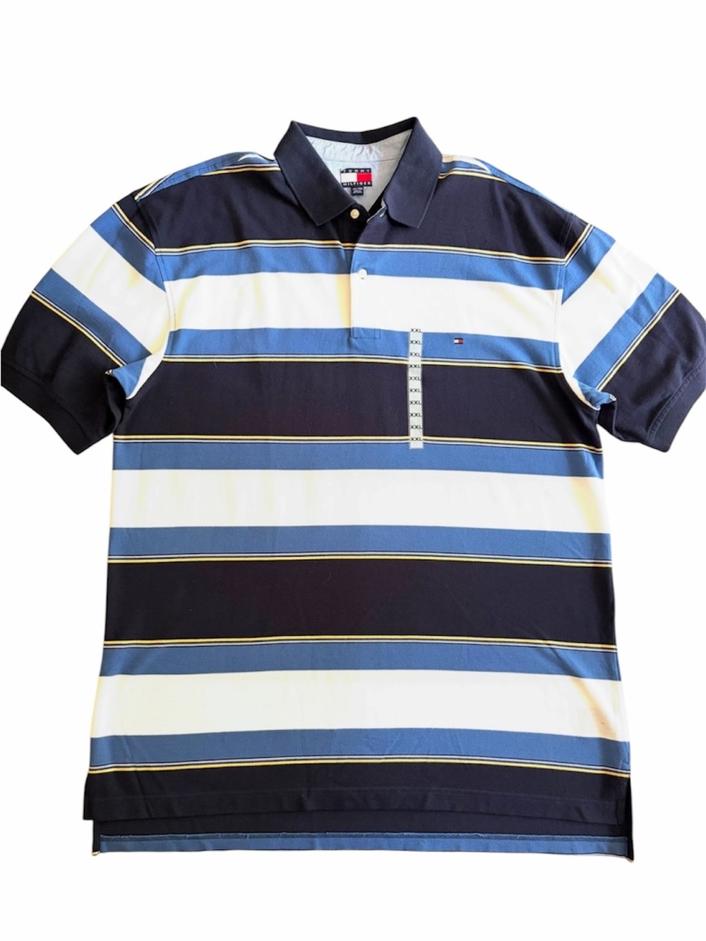 NWT Tommy Hilfiger Navy/White/Yellow XXL 100% Cotton Block Striped Polo Shirt